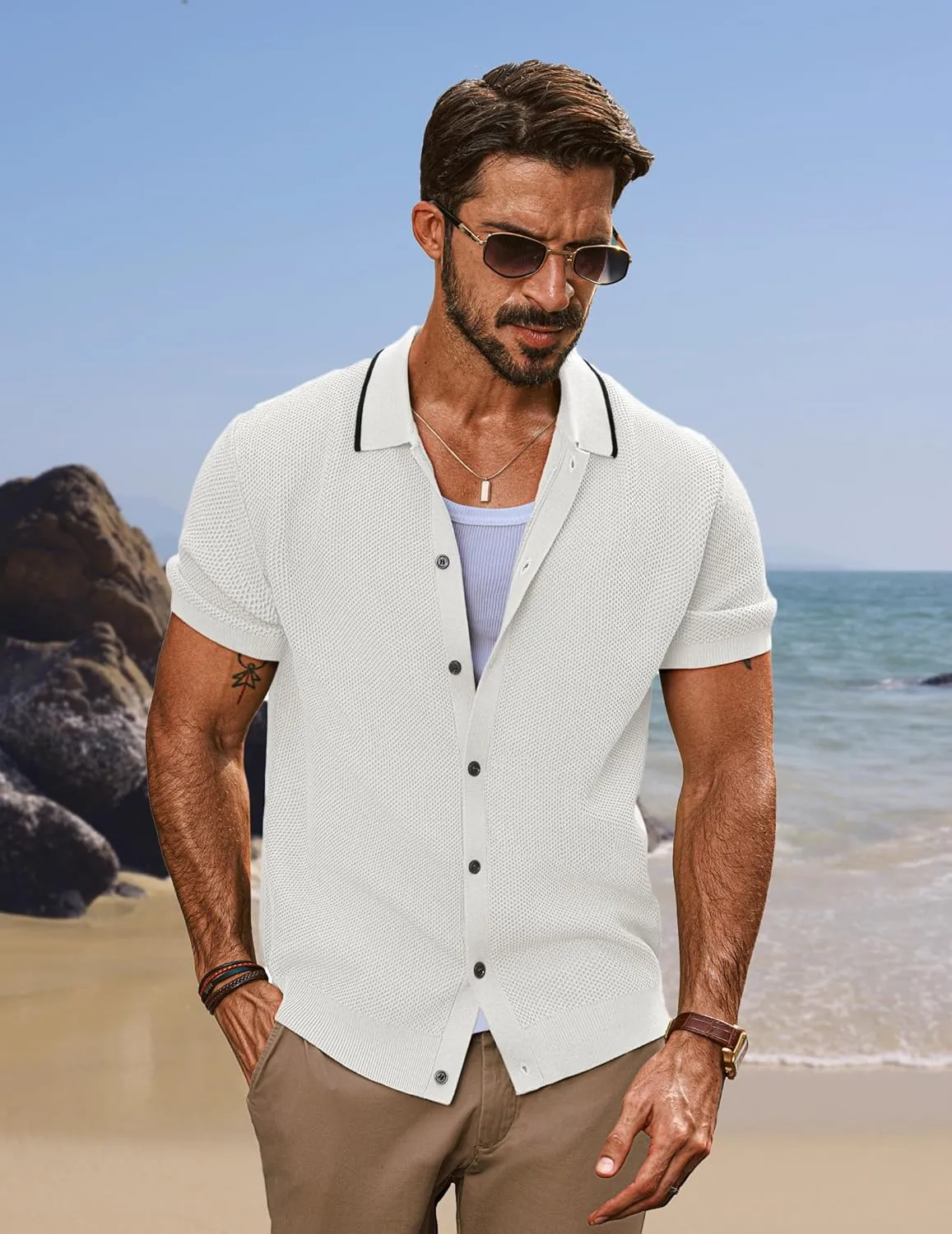 PJ PAUL JONES Men's Knit Button Down Shirts Short Sleeve Vintage Polo Shirt Casual Summer Beach Shirts