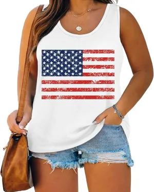 Plus Size American Flag Shirts Women 4th of July Tank Tops Patriotic USA Sleeveless Graphic Tees Casual Plus Size Tops