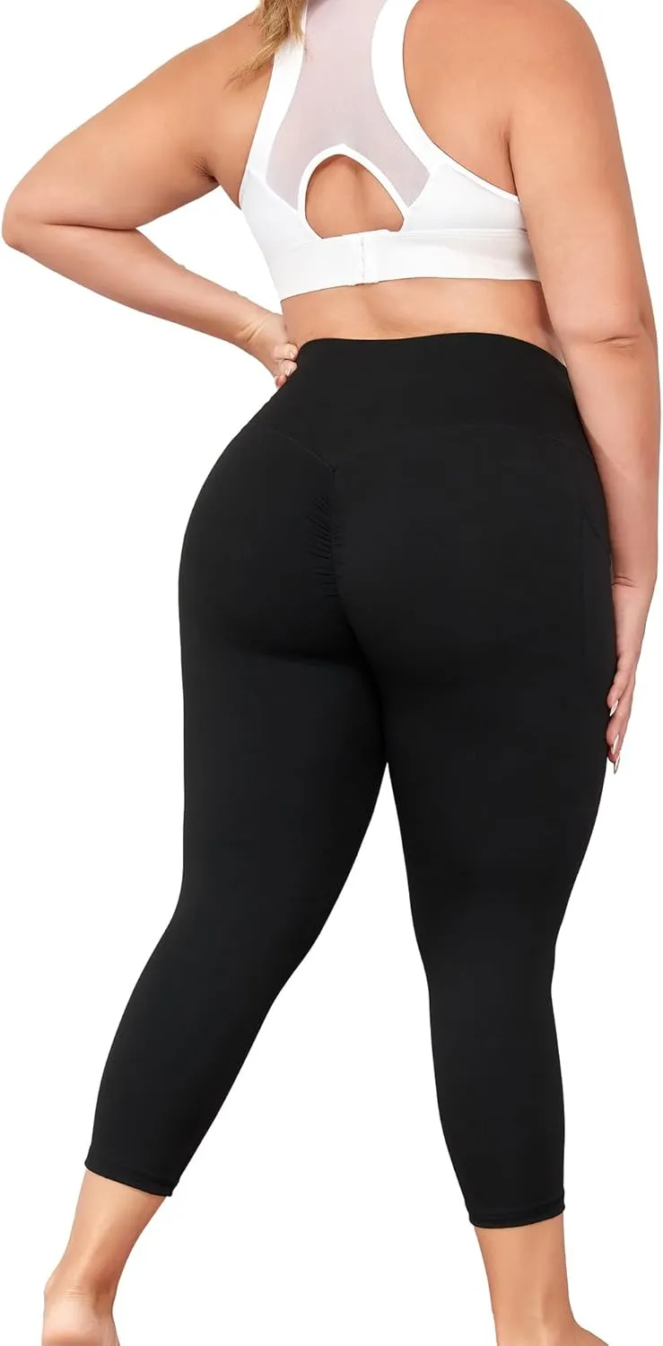 Plus Size Capri Leggings for Women with Pockets, Butt Lifting Yoga Pants Tummy Control, L-5XL Workout Leggings