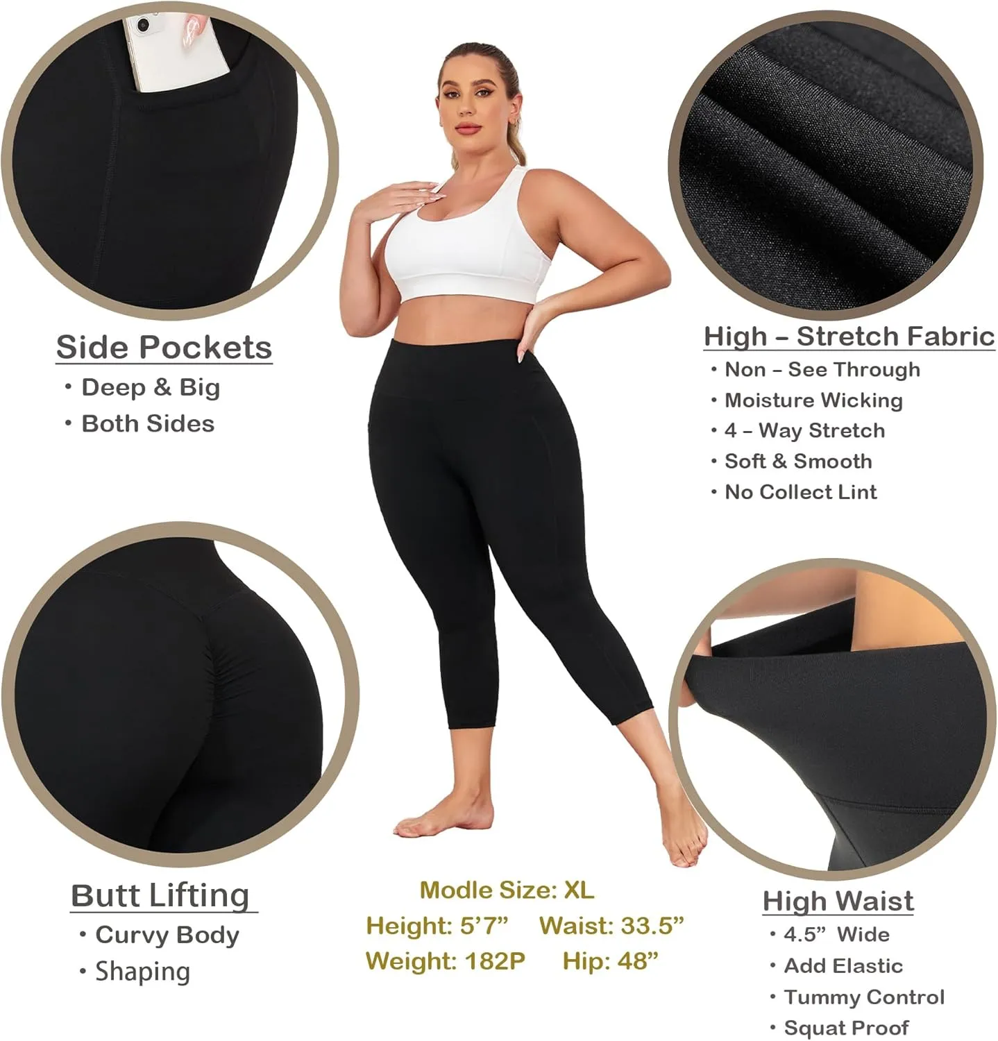 Plus Size Capri Leggings for Women with Pockets, Butt Lifting Yoga Pants Tummy Control, L-5XL Workout Leggings