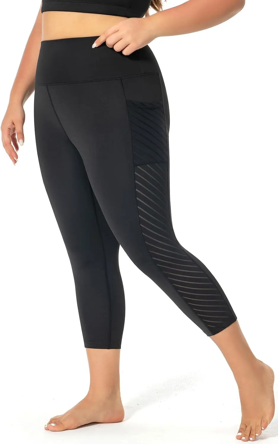 Plus Size Capri Leggings for Women with Pockets L-5X Workout Leggings Black Mesh Yoga Pants High Waisted Tummy Control