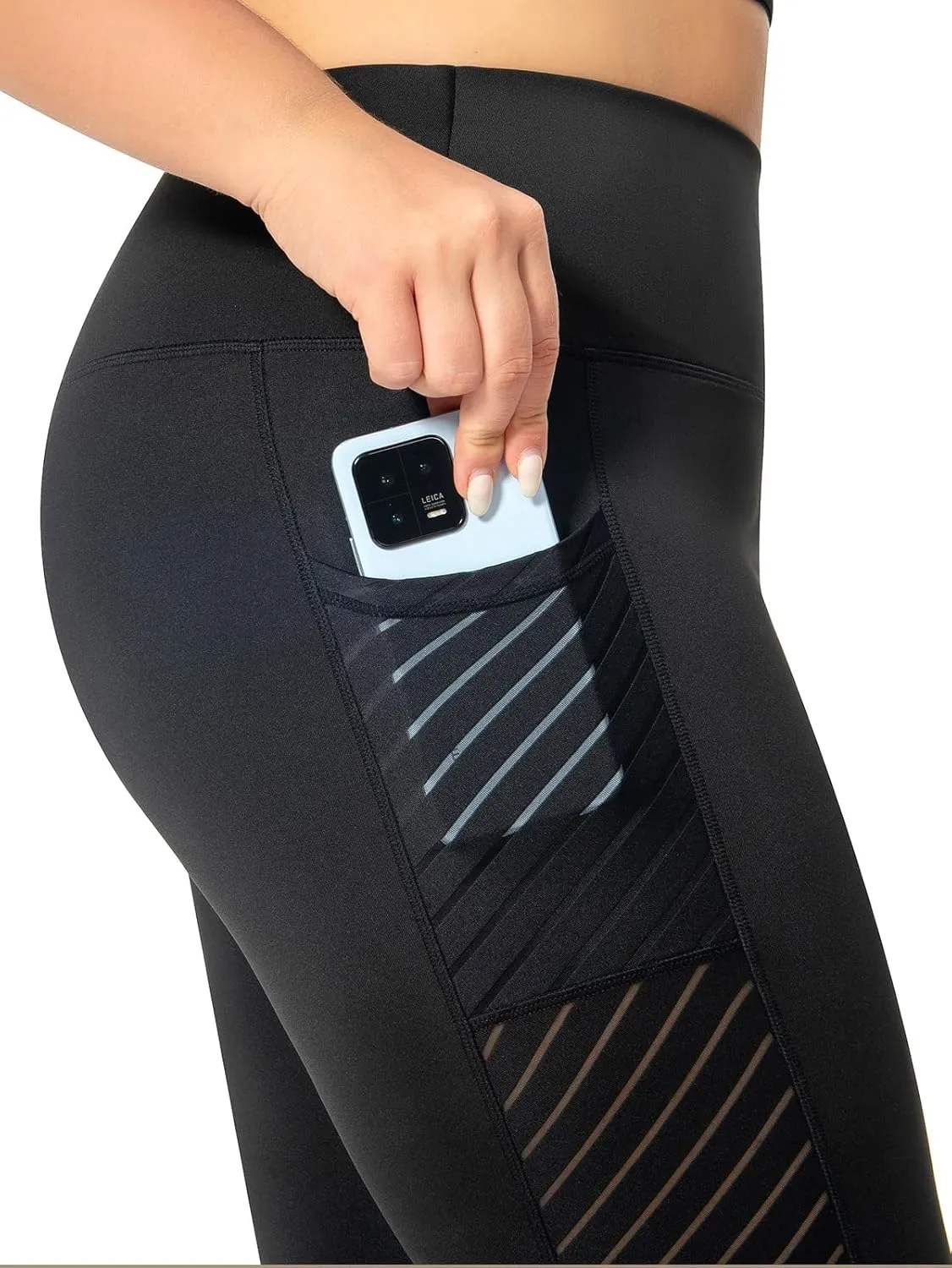 Plus Size Capri Leggings for Women with Pockets L-5X Workout Leggings Black Mesh Yoga Pants High Waisted Tummy Control