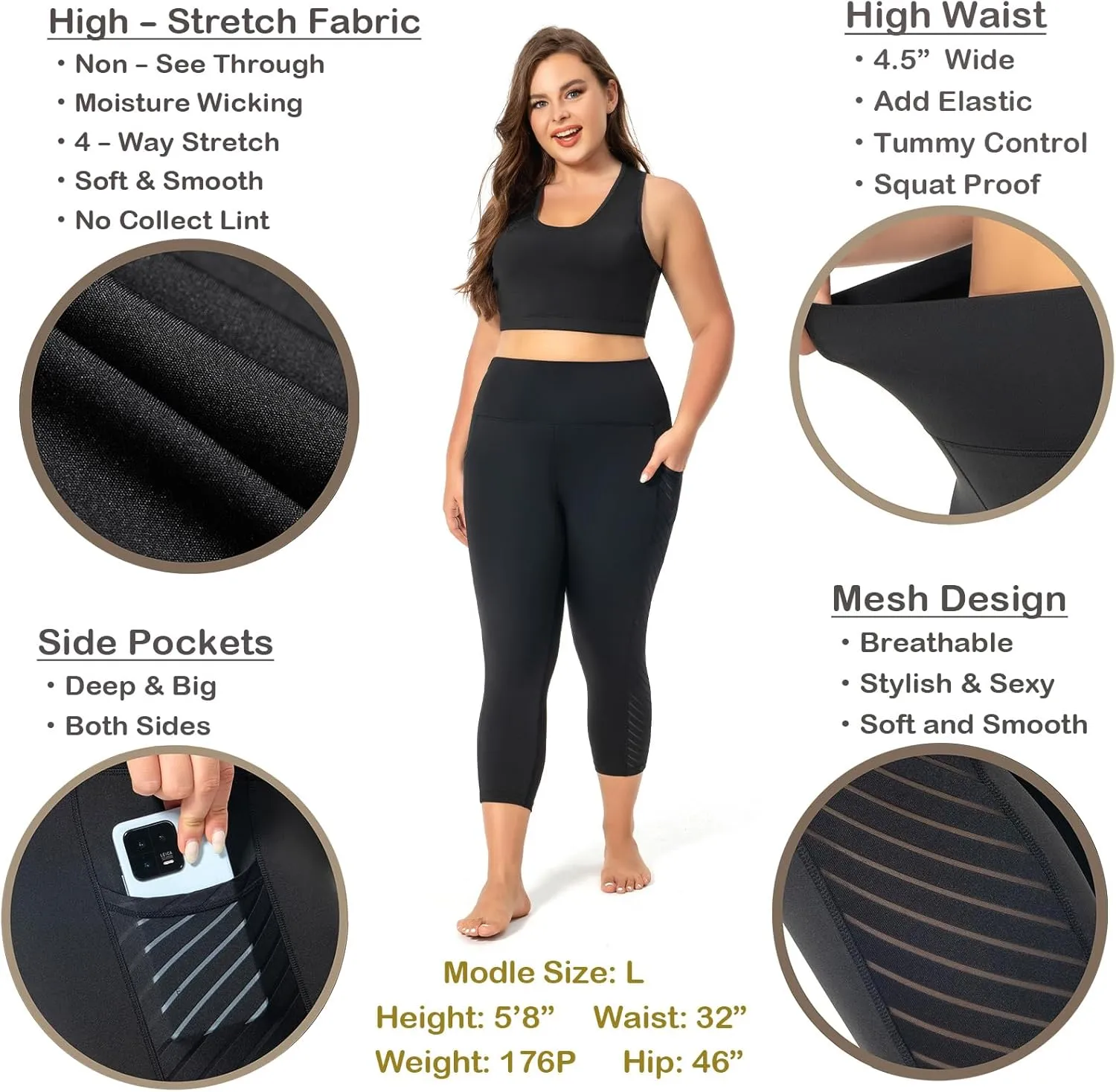 Plus Size Capri Leggings for Women with Pockets L-5X Workout Leggings Black Mesh Yoga Pants High Waisted Tummy Control