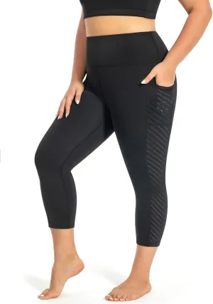 Plus Size Capri Leggings for Women with Pockets L-5X Workout Leggings Black Mesh Yoga Pants High Waisted Tummy Control