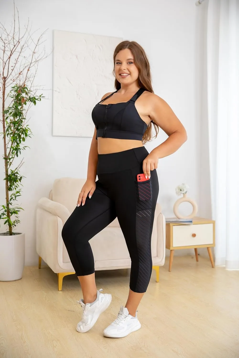 Plus Size Capri Leggings for Women with Pockets L-5X Workout Leggings Black Mesh Yoga Pants High Waisted Tummy Control