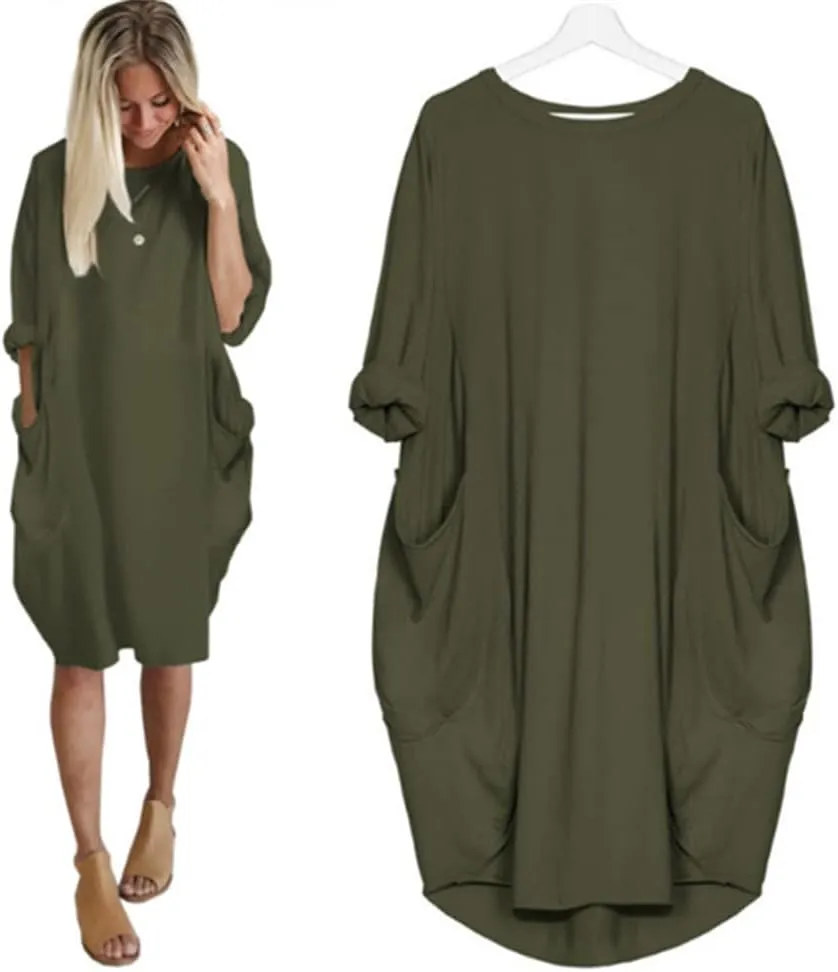 Plus Size Dresses for Women Oversized T Shirt Midi Dress Roll-Up Sleeve Crewneck Dress Baggy Dresses with Pockets