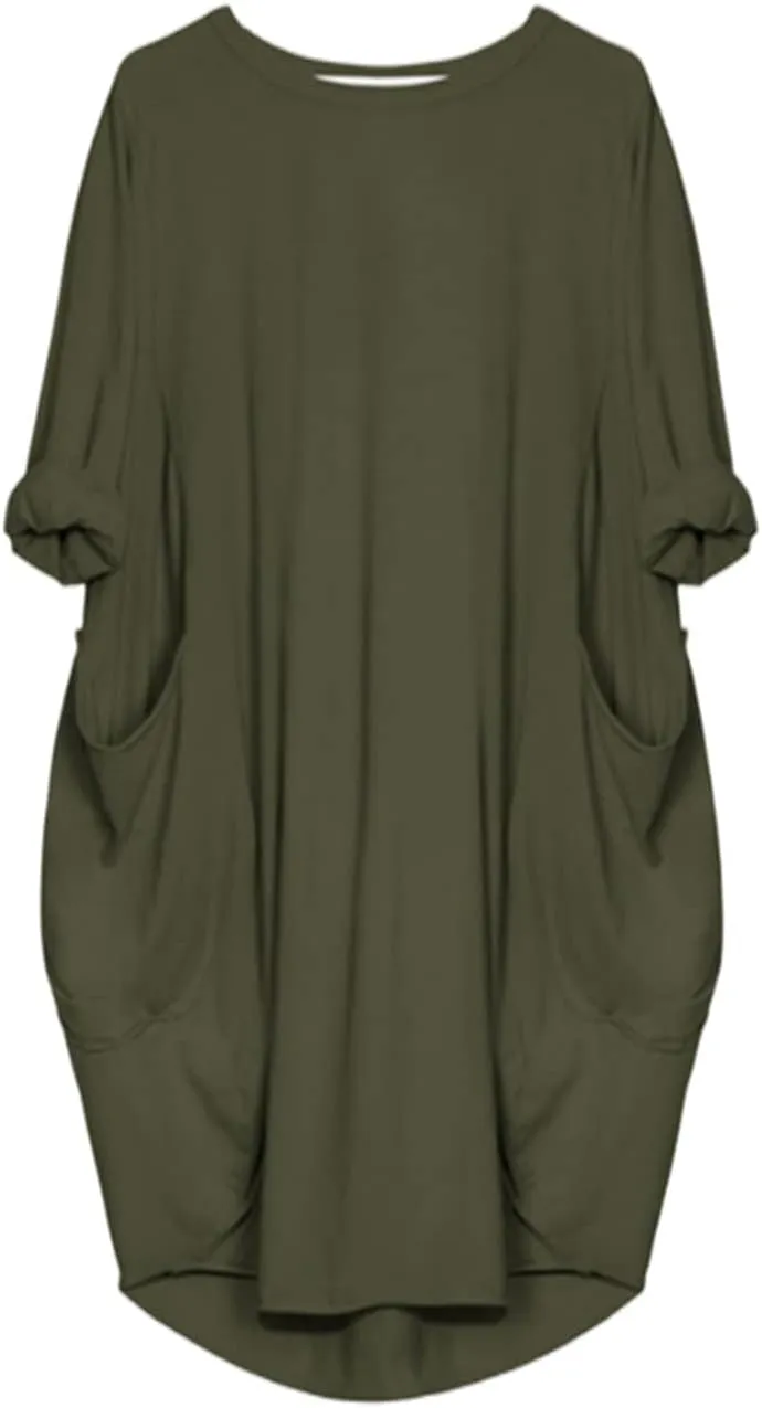 Plus Size Dresses for Women Oversized T Shirt Midi Dress Roll-Up Sleeve Crewneck Dress Baggy Dresses with Pockets