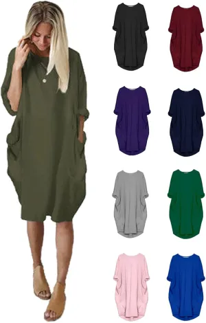 Plus Size Dresses for Women Oversized T Shirt Midi Dress Roll-Up Sleeve Crewneck Dress Baggy Dresses with Pockets