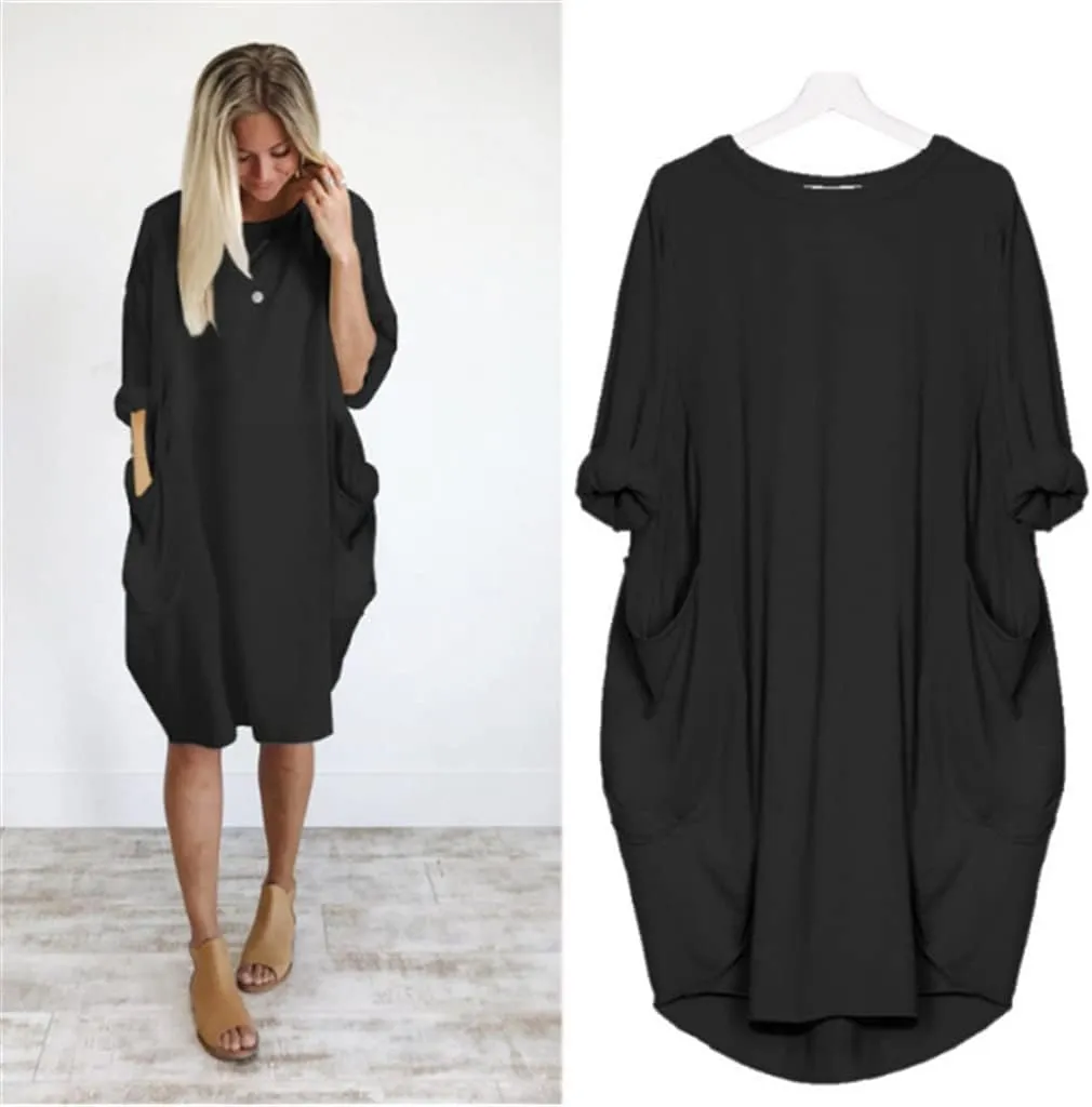 Plus Size Dresses for Women Oversized T Shirt Midi Dress Roll-Up Sleeve Crewneck Dress Baggy Dresses with Pockets