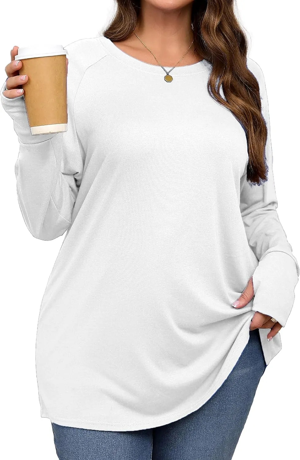 Plus Size Thumb Hole Long Sleeve Shirts Women Raglan Tshirts Casual Tunic Tops