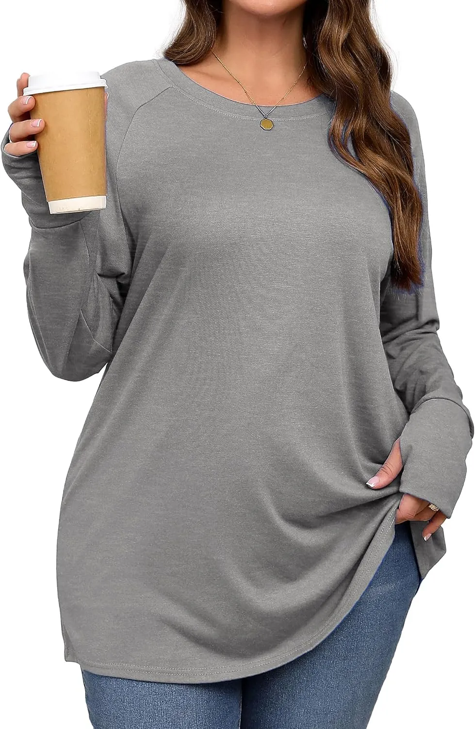 Plus Size Thumb Hole Long Sleeve Shirts Women Raglan Tshirts Casual Tunic Tops