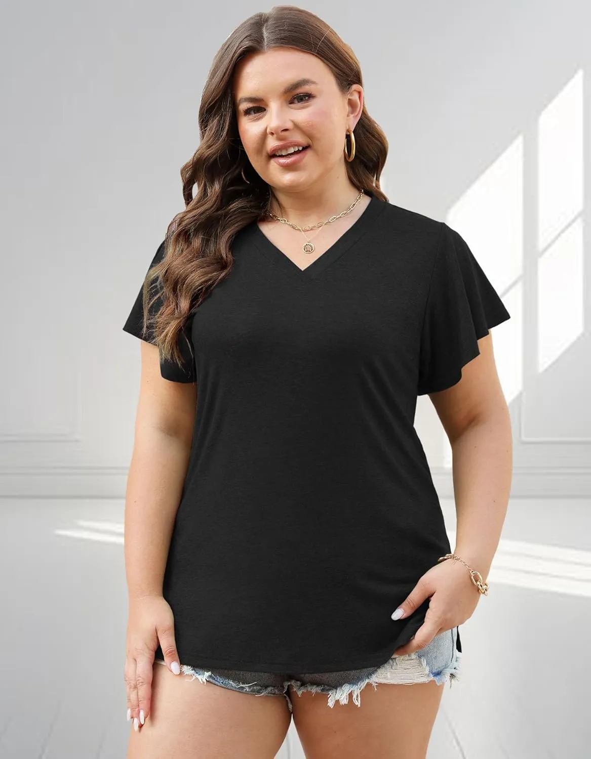 Plus Size Tops for Women Summer Casual V Neck T Shirts Short Ruffle Sleeve Tshirts Loose Fit Tunics Blouses