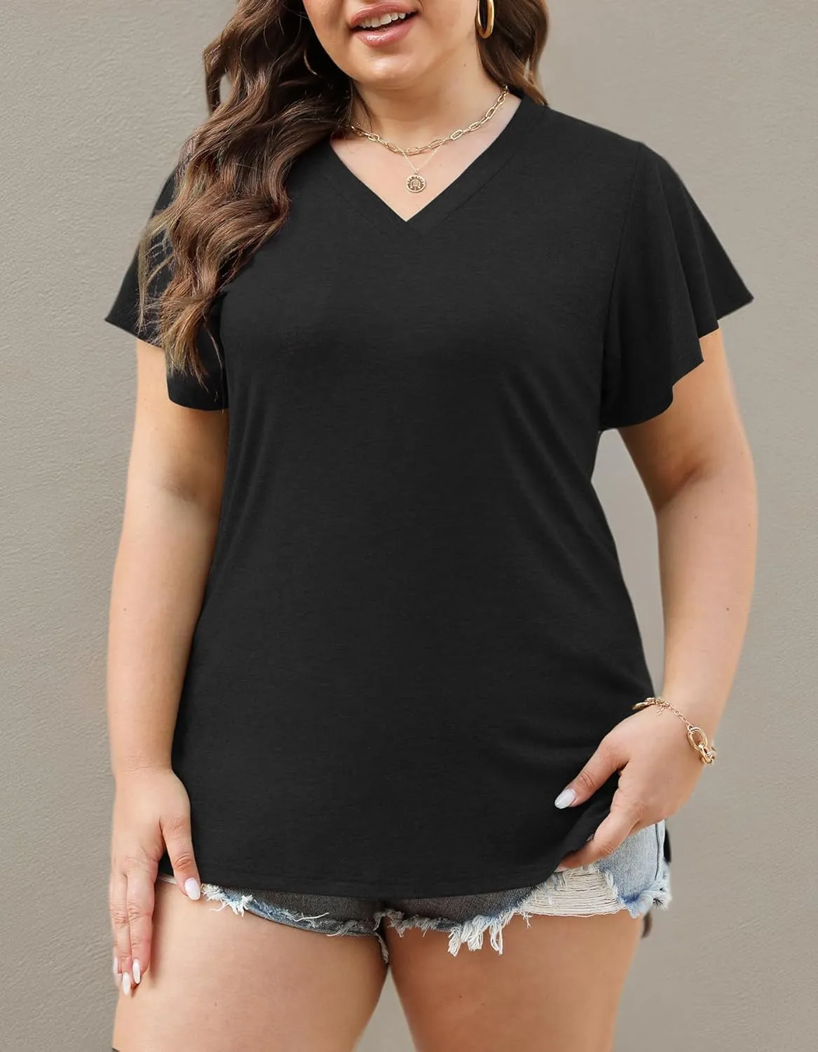 Plus Size Tops for Women Summer Casual V Neck T Shirts Short Ruffle Sleeve Tshirts Loose Fit Tunics Blouses