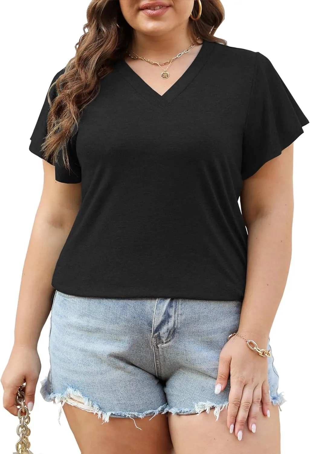 Plus Size Tops for Women Summer Casual V Neck T Shirts Short Ruffle Sleeve Tshirts Loose Fit Tunics Blouses