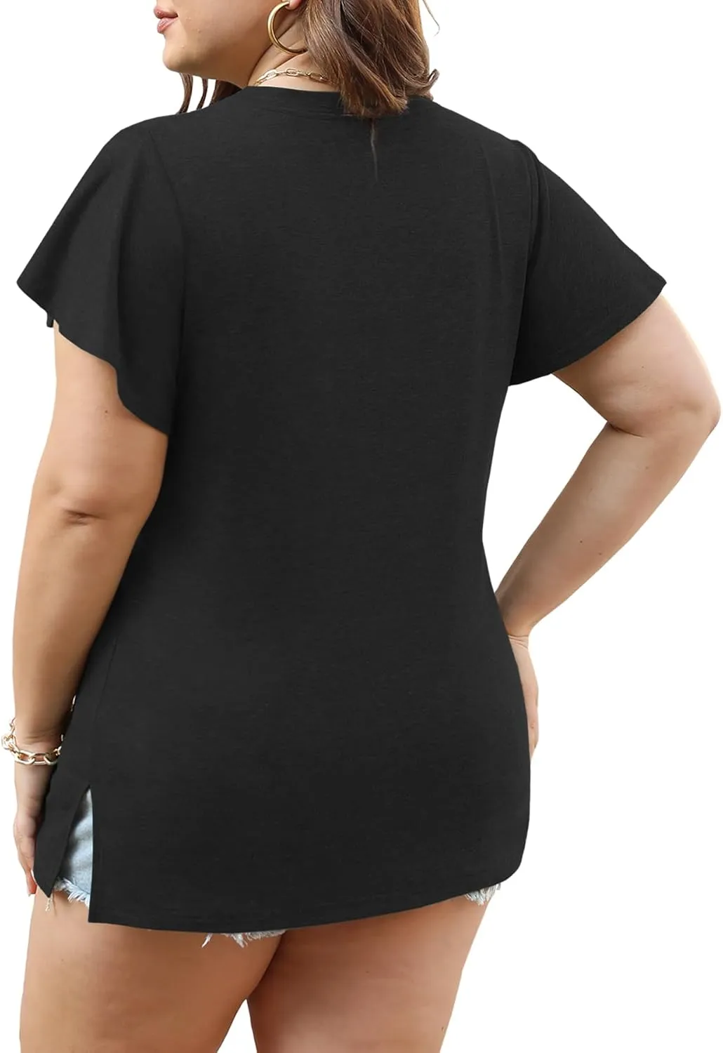 Plus Size Tops for Women Summer Casual V Neck T Shirts Short Ruffle Sleeve Tshirts Loose Fit Tunics Blouses