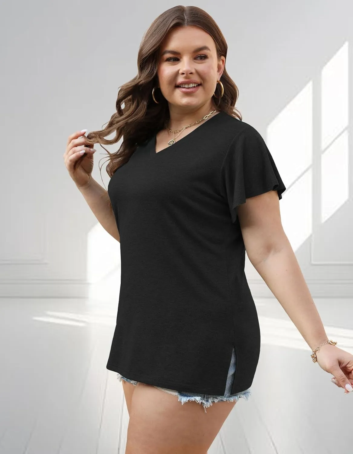Plus Size Tops for Women Summer Casual V Neck T Shirts Short Ruffle Sleeve Tshirts Loose Fit Tunics Blouses