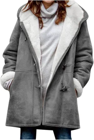 Plus Size Winter Coats For Women 2024 Warm Sherpa Fleece Lined Jackets Horn Button Hooded Suede Pea Coat Outerwear