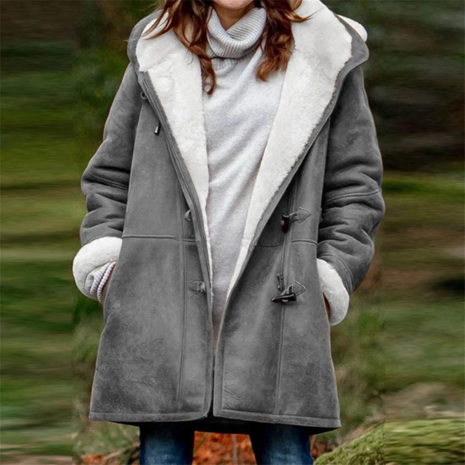 Plus Size Winter Coats For Women 2024 Warm Sherpa Fleece Lined Jackets Horn Button Hooded Suede Pea Coat Outerwear