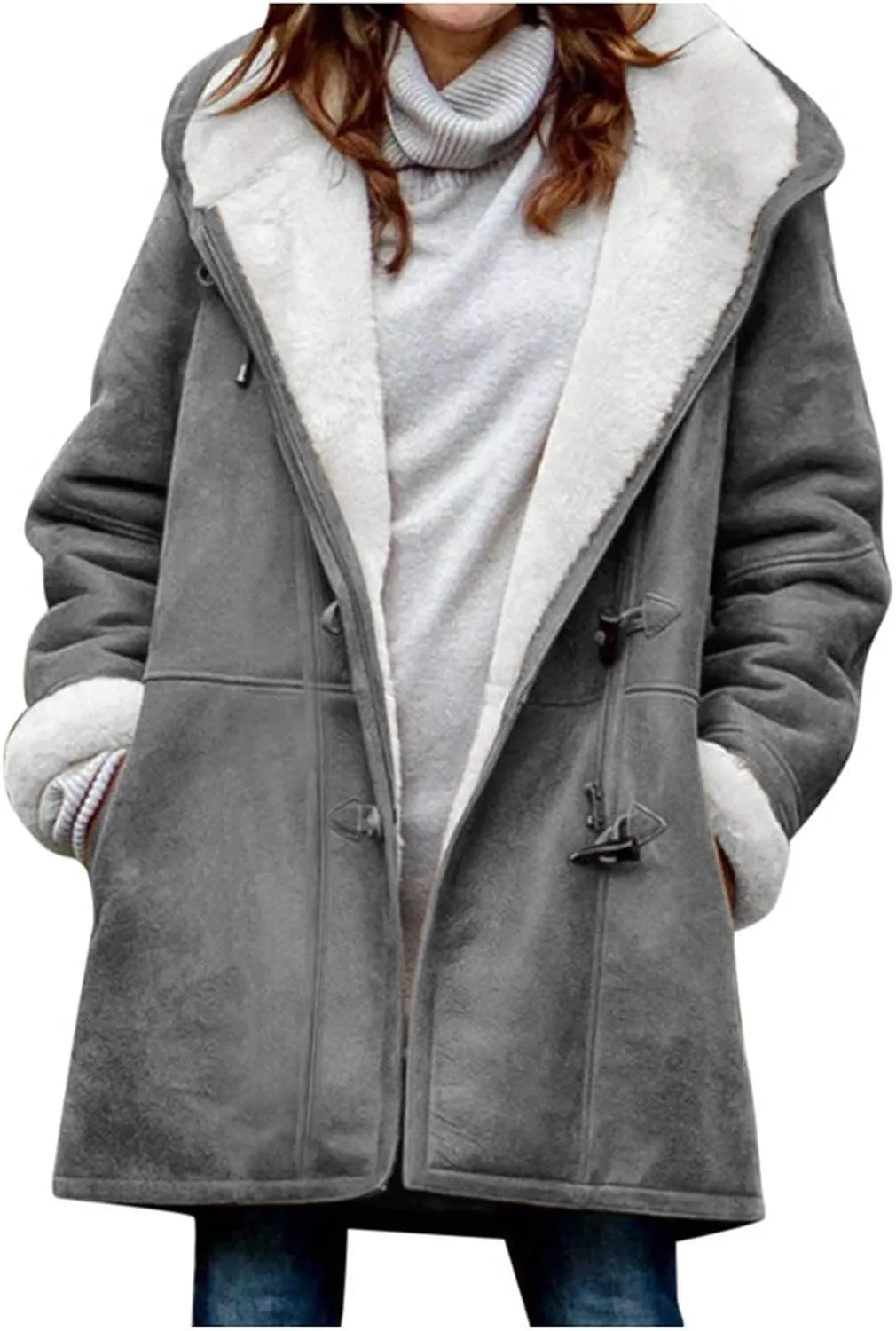 Plus Size Winter Coats For Women 2024 Warm Sherpa Fleece Lined Jackets Horn Button Hooded Suede Pea Coat Outerwear