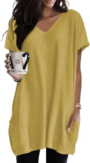 Poetsky Summer Womens Tunic Tops for Leggings with Pockets Vneck Short Sleeve Casual Long T Shirts S-3XL