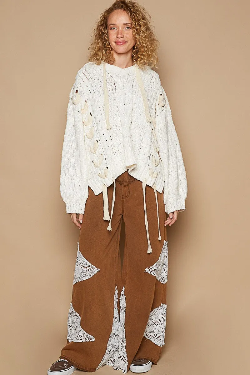 POL Solid Color Chenille Sweater with Weaved Fabric Detail in Cream