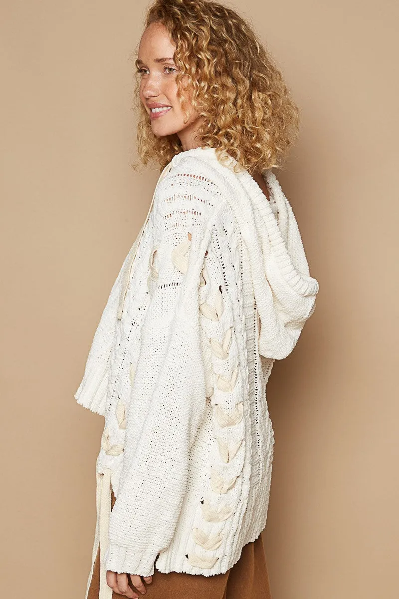 POL Solid Color Chenille Sweater with Weaved Fabric Detail in Cream