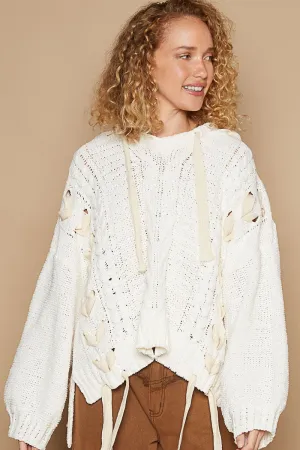 POL Solid Color Chenille Sweater with Weaved Fabric Detail in Cream