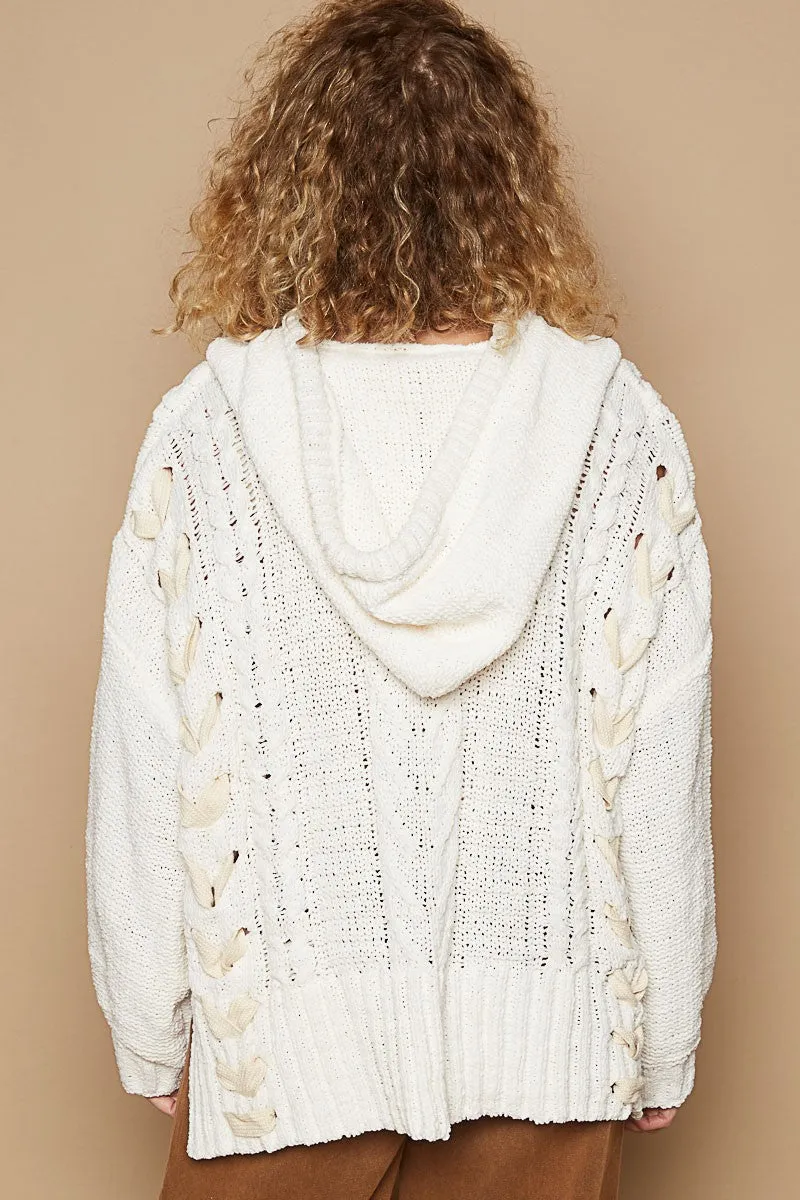 POL Solid Color Chenille Sweater with Weaved Fabric Detail in Cream