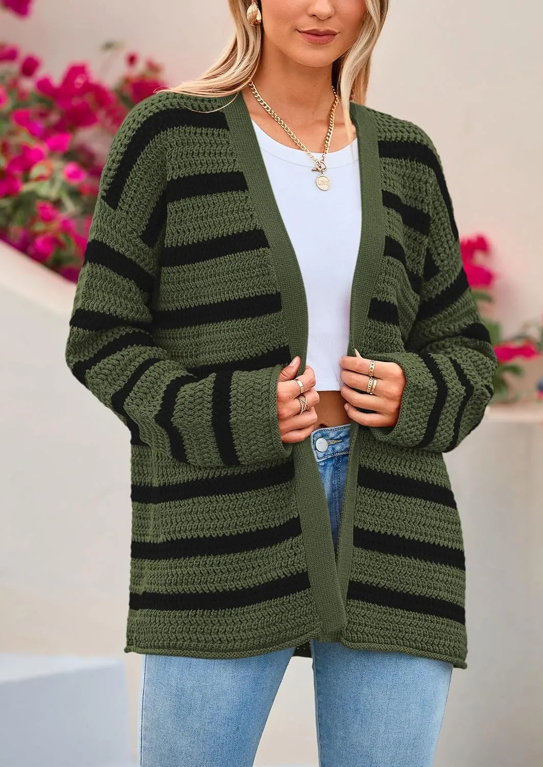 PRETTYGARDEN Women's 2024 Fall Striped Open Front Cardigan Sweaters Chunky Knit Long Sleeve Loose Trendy Winter Cardigans