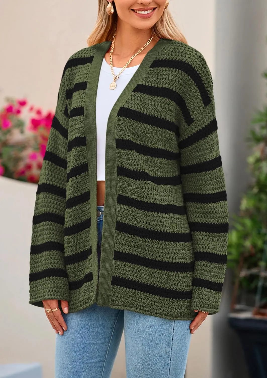 PRETTYGARDEN Women's 2024 Fall Striped Open Front Cardigan Sweaters Chunky Knit Long Sleeve Loose Trendy Winter Cardigans