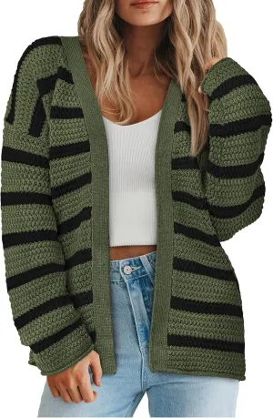 PRETTYGARDEN Women's 2024 Fall Striped Open Front Cardigan Sweaters Chunky Knit Long Sleeve Loose Trendy Winter Cardigans