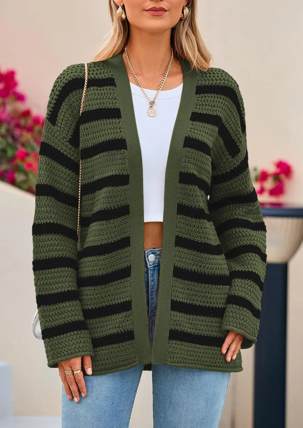 PRETTYGARDEN Women's 2024 Fall Striped Open Front Cardigan Sweaters Chunky Knit Long Sleeve Loose Trendy Winter Cardigans