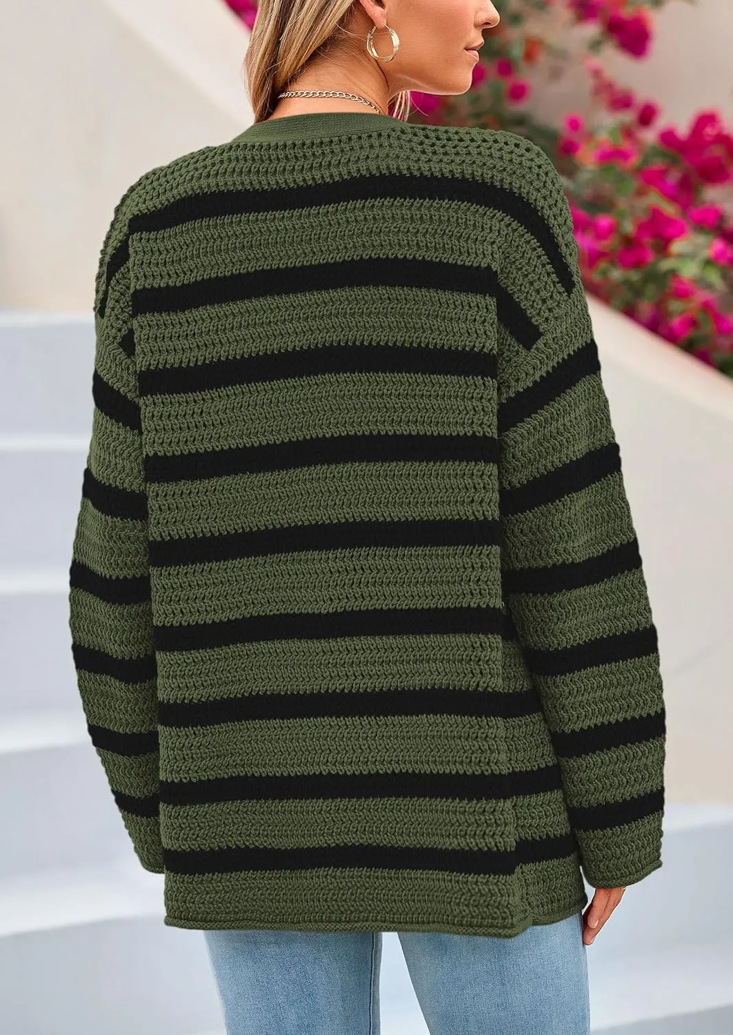 PRETTYGARDEN Women's 2024 Fall Striped Open Front Cardigan Sweaters Chunky Knit Long Sleeve Loose Trendy Winter Cardigans