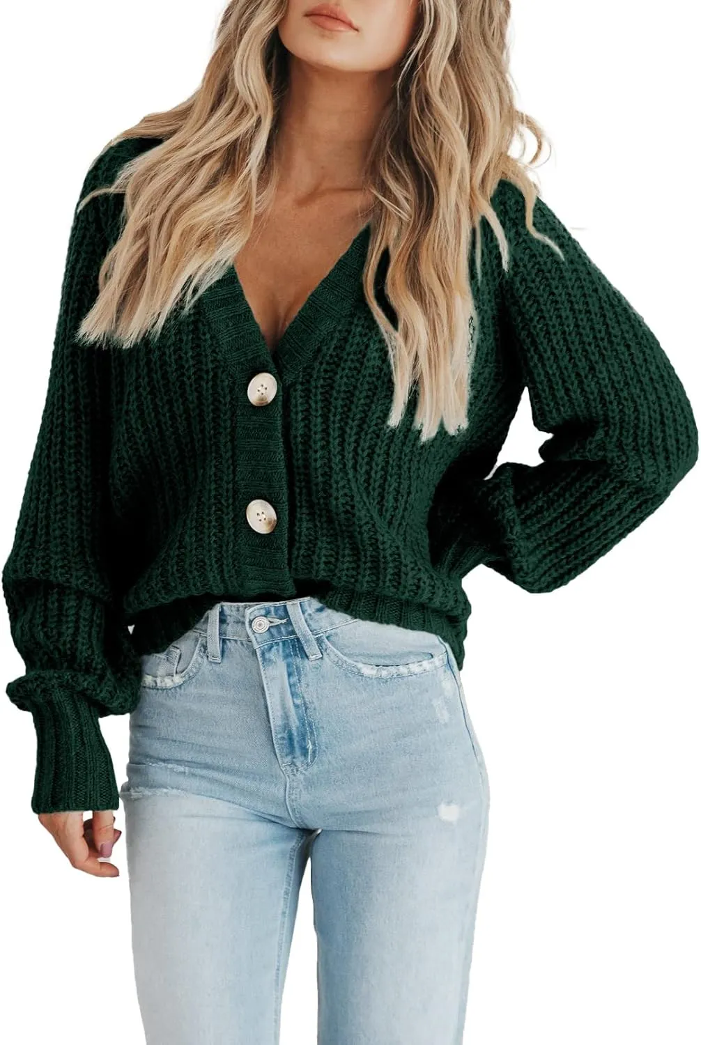 PRETTYGARDEN Women's Chunky Knit Open Front Sweater Long Sleeve Button Loose Short Cardigan Outerwear Coats