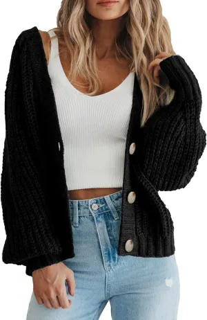 PRETTYGARDEN Women's Chunky Knit Open Front Sweater Long Sleeve Button Loose Short Cardigan Outerwear Coats