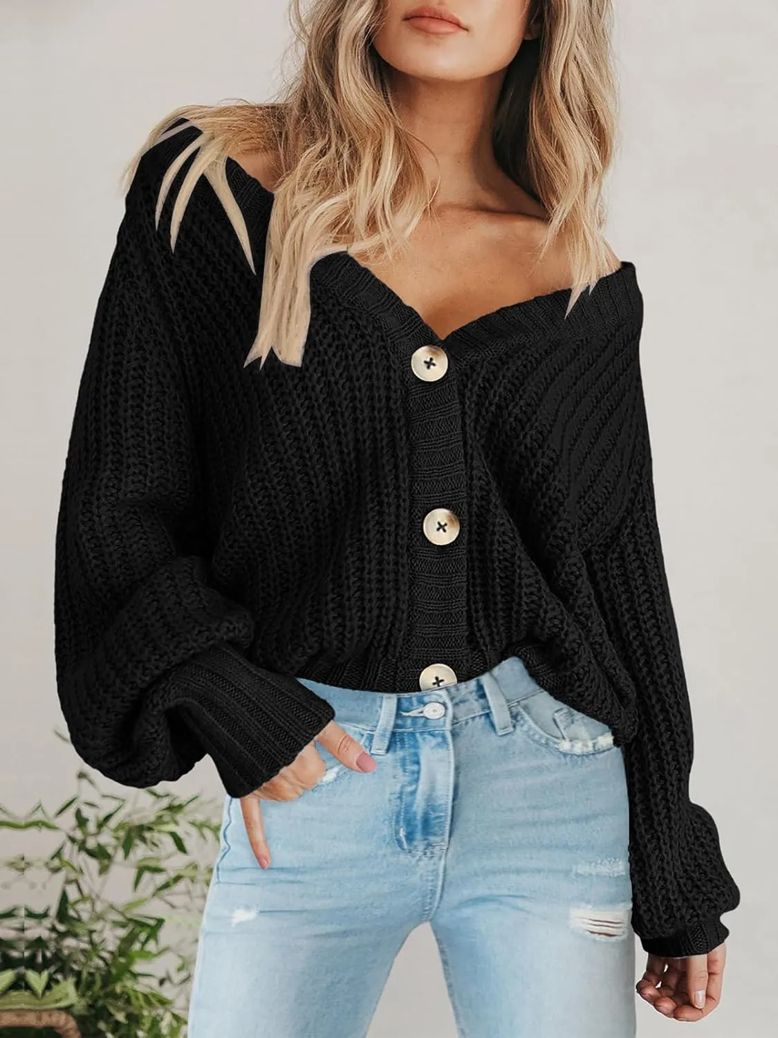 PRETTYGARDEN Women's Chunky Knit Open Front Sweater Long Sleeve Button Loose Short Cardigan Outerwear Coats
