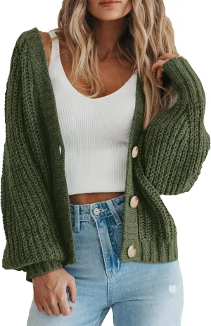 PRETTYGARDEN Women's Chunky Knit Open Front Sweater Long Sleeve Button Loose Short Cardigan Outerwear Coats