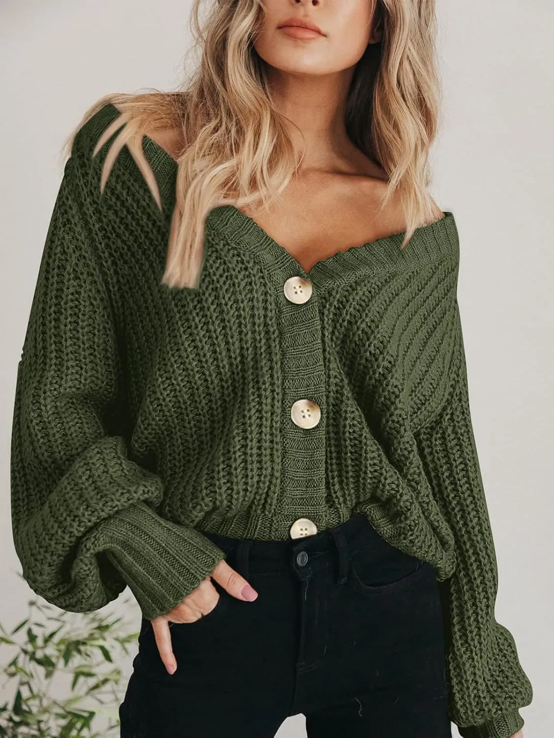 PRETTYGARDEN Women's Chunky Knit Open Front Sweater Long Sleeve Button Loose Short Cardigan Outerwear Coats