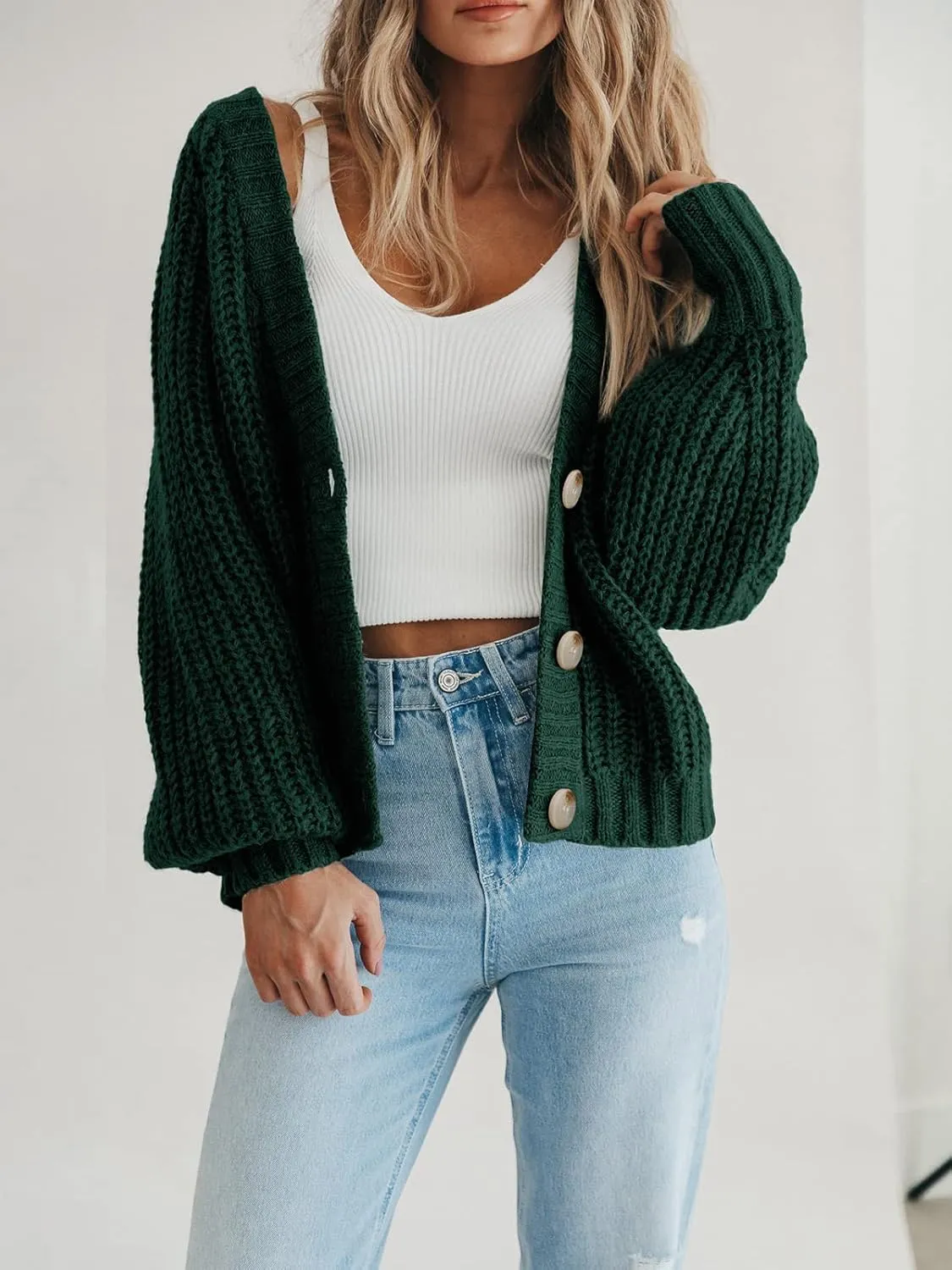 PRETTYGARDEN Women's Chunky Knit Open Front Sweater Long Sleeve Button Loose Short Cardigan Outerwear Coats