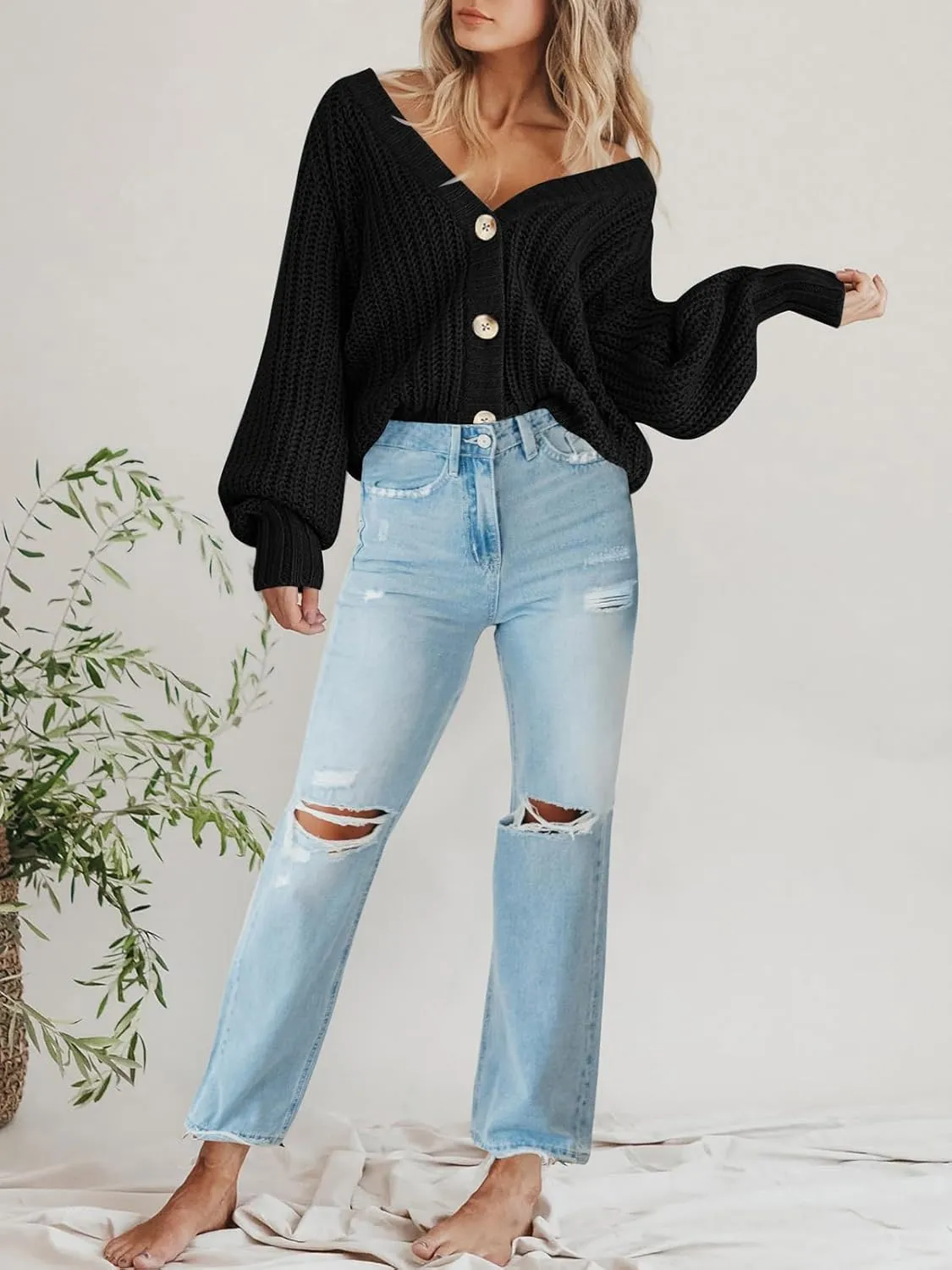 PRETTYGARDEN Women's Chunky Knit Open Front Sweater Long Sleeve Button Loose Short Cardigan Outerwear Coats