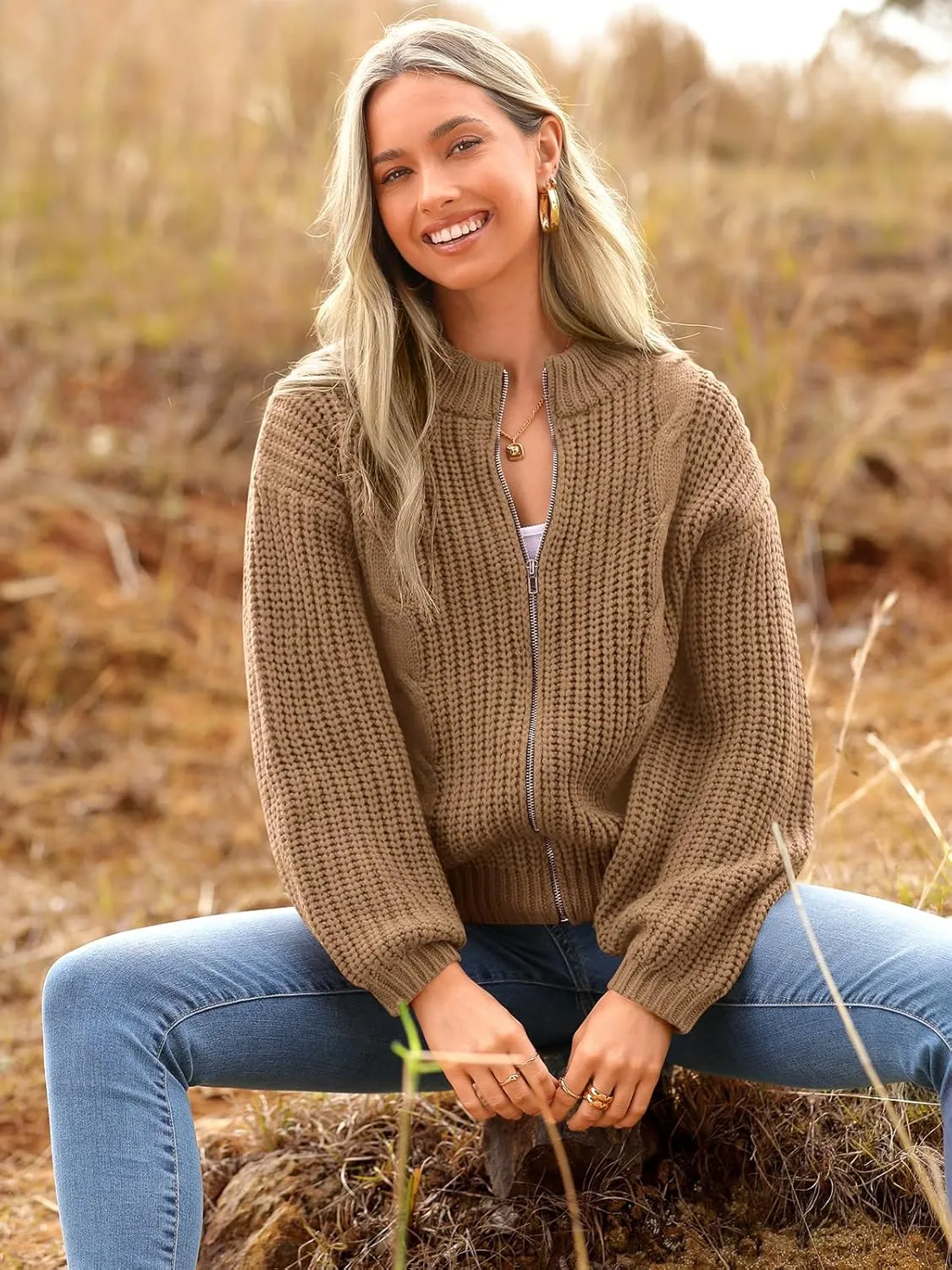 PRETTYGARDEN Women's Chunky Knit Open Front Sweater Long Sleeve Zipper Loose Short Cardigan Outerwear Coats