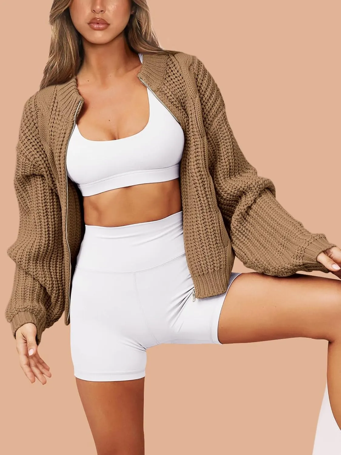 PRETTYGARDEN Women's Chunky Knit Open Front Sweater Long Sleeve Zipper Loose Short Cardigan Outerwear Coats