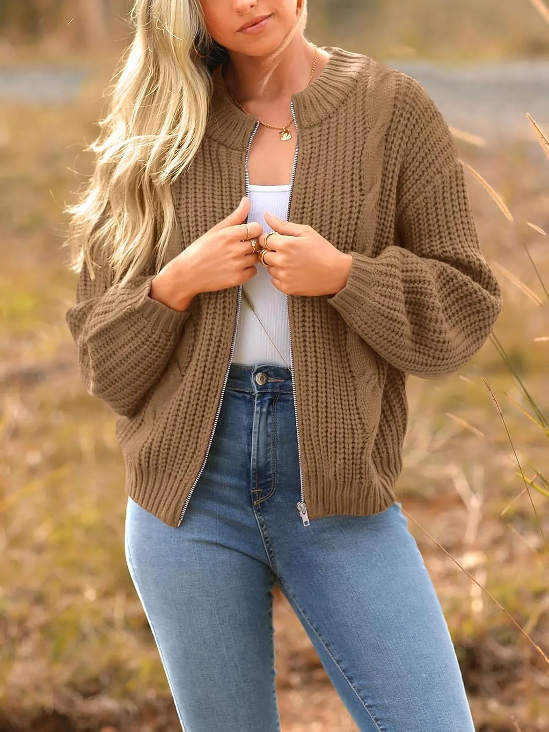 PRETTYGARDEN Women's Chunky Knit Open Front Sweater Long Sleeve Zipper Loose Short Cardigan Outerwear Coats
