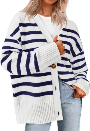 PRETTYGARDEN Women's Long Sleeve Striped Open Front Cardigan Sweaters Button Down Knit Lady Jackets 2025 Fall Outfits