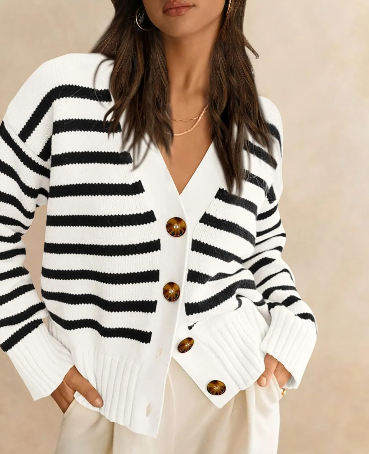PRETTYGARDEN Women's Long Sleeve Striped Open Front Cardigan Sweaters Button Down Knit Lady Jackets 2025 Fall Outfits