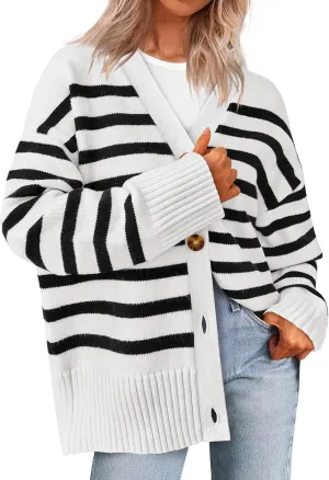 PRETTYGARDEN Women's Long Sleeve Striped Open Front Cardigan Sweaters Button Down Knit Lady Jackets 2025 Fall Outfits