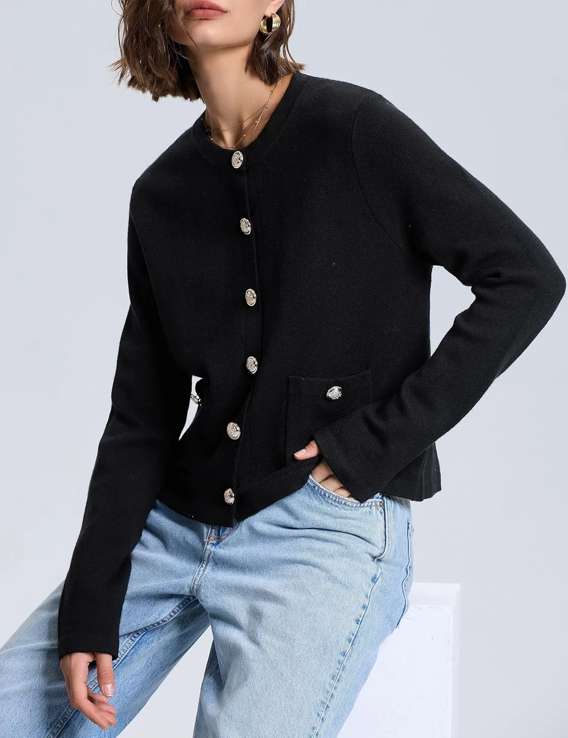 PrettyGuide Women's Striped Cardigan Sweaters Long Sleeve Button Down Fall Casual Cropped Knit Lady Jackets with Pockets