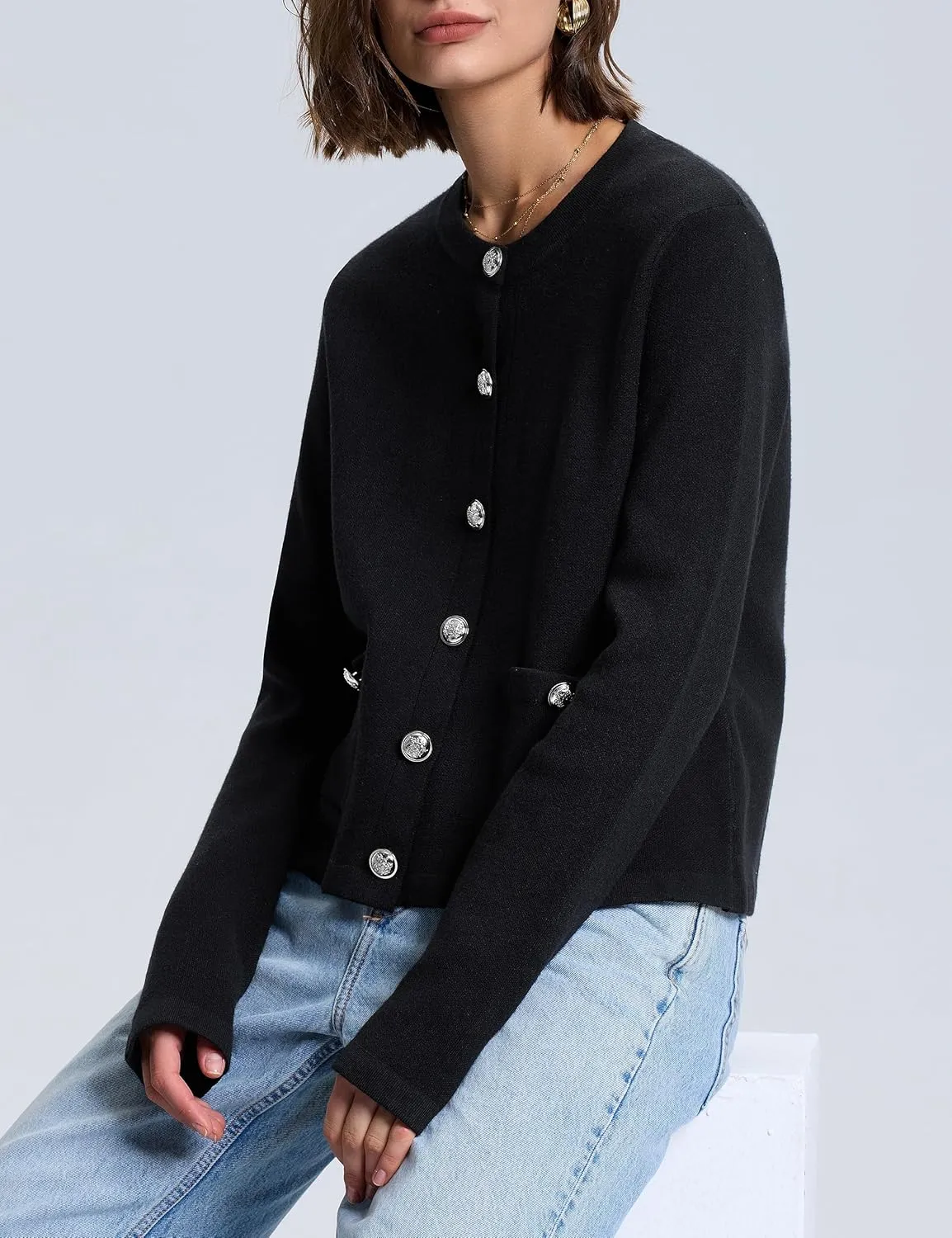 PrettyGuide Women's Striped Cardigan Sweaters Long Sleeve Button Down Fall Casual Cropped Knit Lady Jackets with Pockets