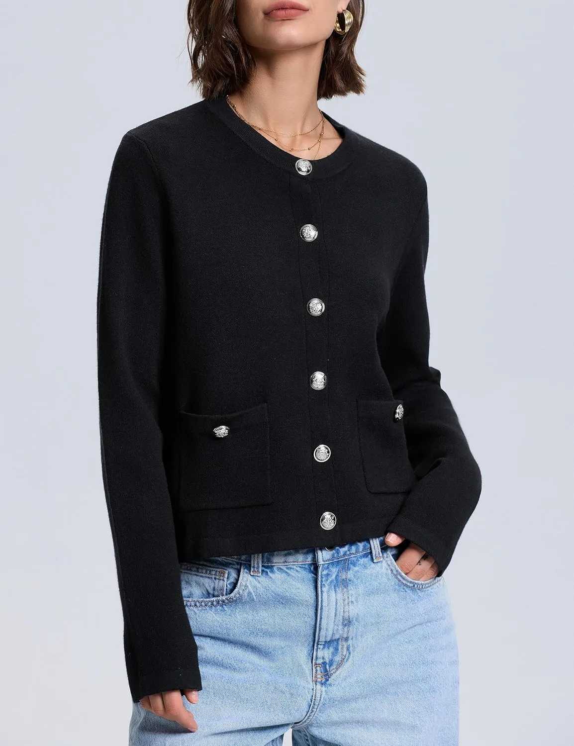 PrettyGuide Women's Striped Cardigan Sweaters Long Sleeve Button Down Fall Casual Cropped Knit Lady Jackets with Pockets