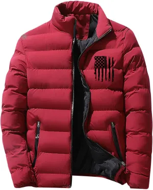 Puffer Jacket Men Packable Lightweight Down Coat USA Flag Winter Jacket Zip up Quilted Jacket with Zipper Pockets